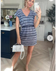 Short Sleeve V Neck Mini Dress in Black Stripe