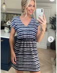 Short Sleeve V Neck Mini Dress in Black Stripe