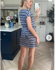 Short Sleeve V Neck Mini Dress in Black Stripe