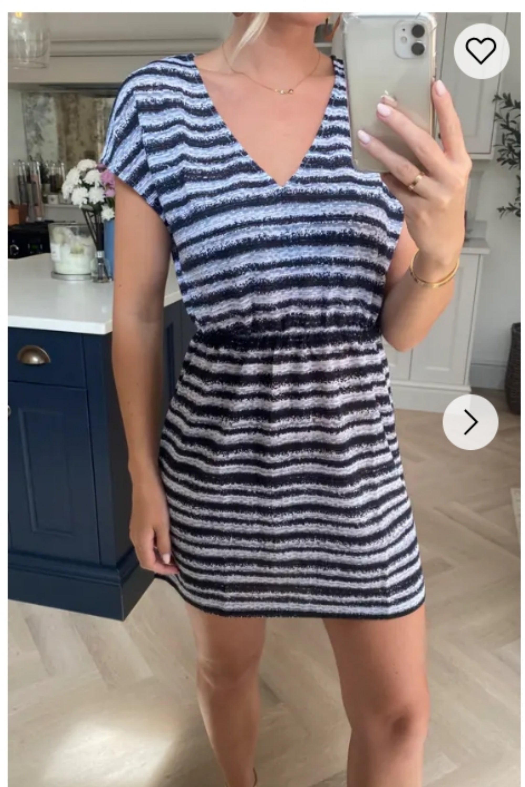 Short Sleeve V Neck Mini Dress in Black Stripe