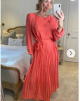 Long sleeves Pleated Maxi Dress (Rose)