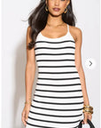 Knitted stripe print with straps design midi bodycon dress in white