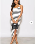 Knitted stripe print with straps design midi bodycon dress in white