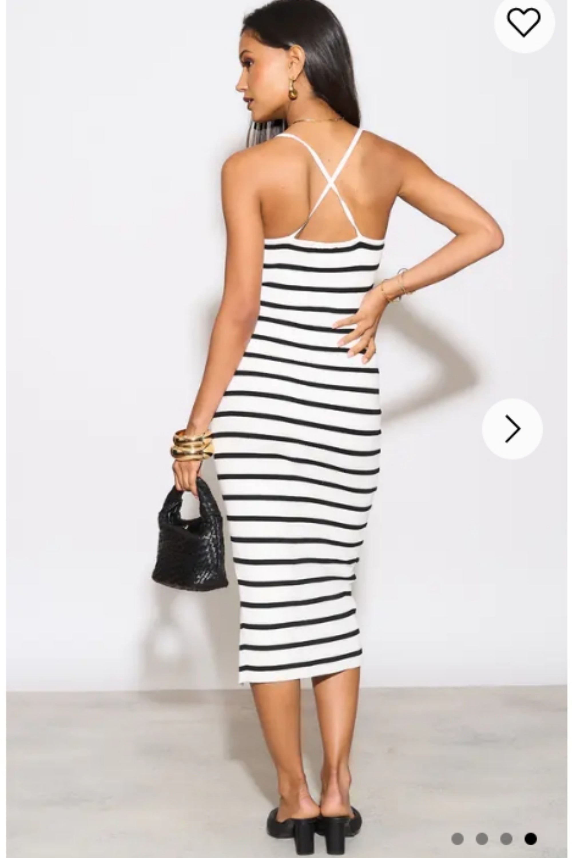 Knitted stripe print with straps design midi bodycon dress in white