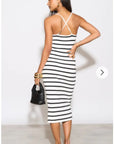 Knitted stripe print with straps design midi bodycon dress in white