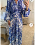 Blue monochrome scarf print pleated long shirt dress
