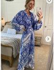 Blue monochrome scarf print pleated long shirt dress