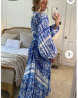 Blue monochrome scarf print pleated long shirt dress