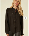 Mandarin Collar Plain color Chiffon Shirt (Black)