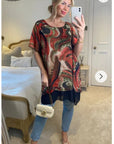 Oversized Short Sleeve Tunic In Orange And Black Abstract Print