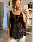 Black Lace Chiffon Top Shirt Blouse with Front Cross Strip Back