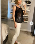 Black Lace Chiffon Top Shirt Blouse with Front Cross Strip Back