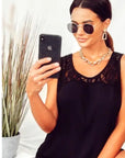 Floral Lace Chiffon Vest Top with Back Split (BLACK)