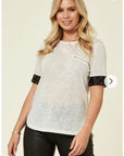 White T Shirt With Faux Leather Trim Sleeves With Stud Design