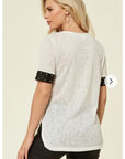 White T Shirt With Faux Leather Trim Sleeves With Stud Design