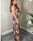 Floral print Chiffon Pleated Bust & Sweetheart Neckline Maxi Dress
