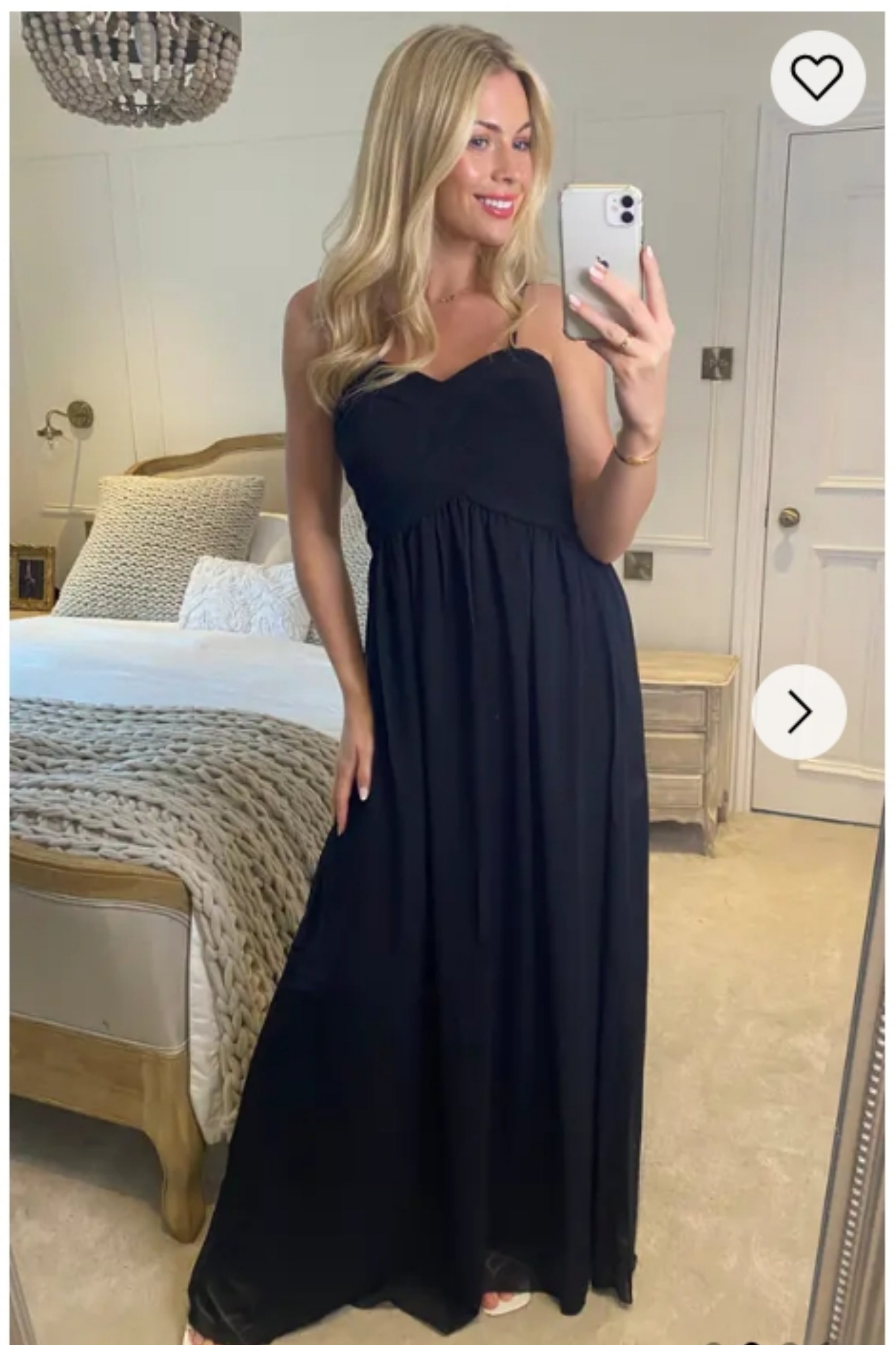 Pleated Bust &amp; Sweetheart Neckline Maxi Dress (BLACK)