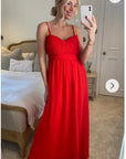Pleated Bust & Sweetheart Neckline Maxi Dress (RED)