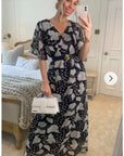 Lady Black Rose Print Chiffon Wrap Maxi Dress