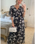 Lady Black Rose Print Chiffon Wrap Maxi Dress