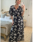 Lady Black Rose Print Chiffon Wrap Maxi Dress