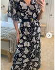 Lady Black Rose Print Chiffon Wrap Maxi Dress