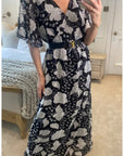 Lady Black Rose Print Chiffon Wrap Maxi Dress