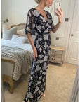 Lady Black Rose Print Chiffon Wrap Maxi Dress