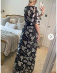 Lady Black Rose Print Chiffon Wrap Maxi Dress