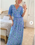 Lady Blue Floral Print Chiffon Wrap Maxi Dress
