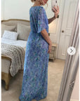 Lady Blue Floral Print Chiffon Wrap Maxi Dress
