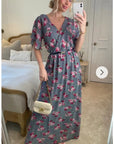 Rose and Check Print Chiffon Wrap Maxi Dress