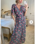 Rose and Check Print Chiffon Wrap Maxi Dress