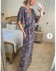 Rose and Check Print Chiffon Wrap Maxi Dress