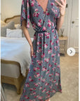 Rose and Check Print Chiffon Wrap Maxi Dress
