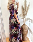 Lady Purple Leopard Print Chiffon Wrap Maxi Dress