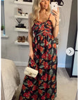 Strappy Chiffon Sweatheart Maxi Dress In Red Flower Print