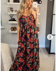 Strappy Chiffon Sweatheart Maxi Dress In Red Flower Print