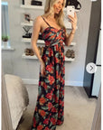Strappy Chiffon Sweatheart Maxi Dress In Red Flower Print