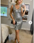 Plain color sequin V neck dress (Sliver)