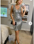 Plain color sequin V neck dress (Sliver)