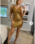 Plain color sequin V neck dress (Gold)
