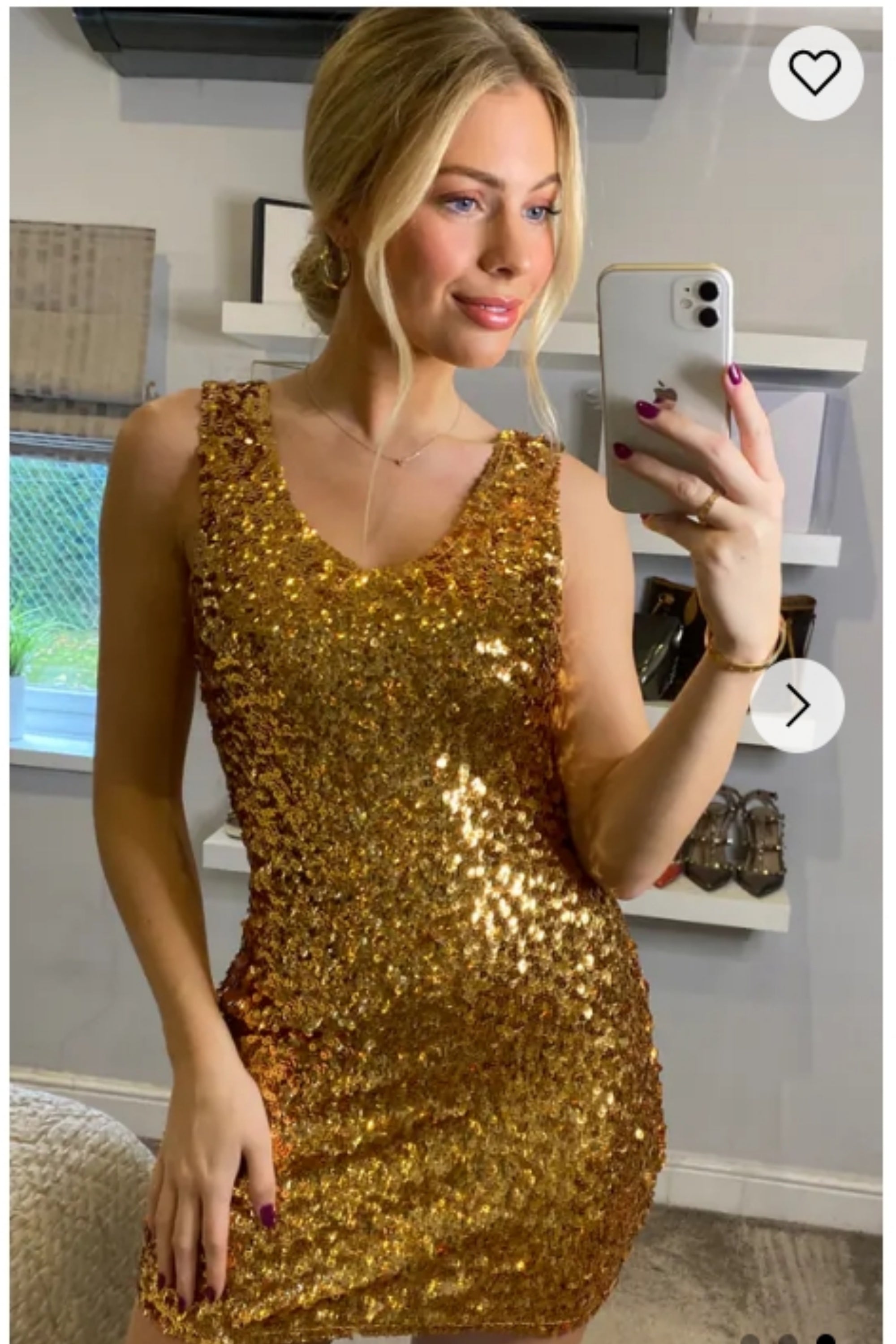 Plain color sequin V neck dress (Gold)