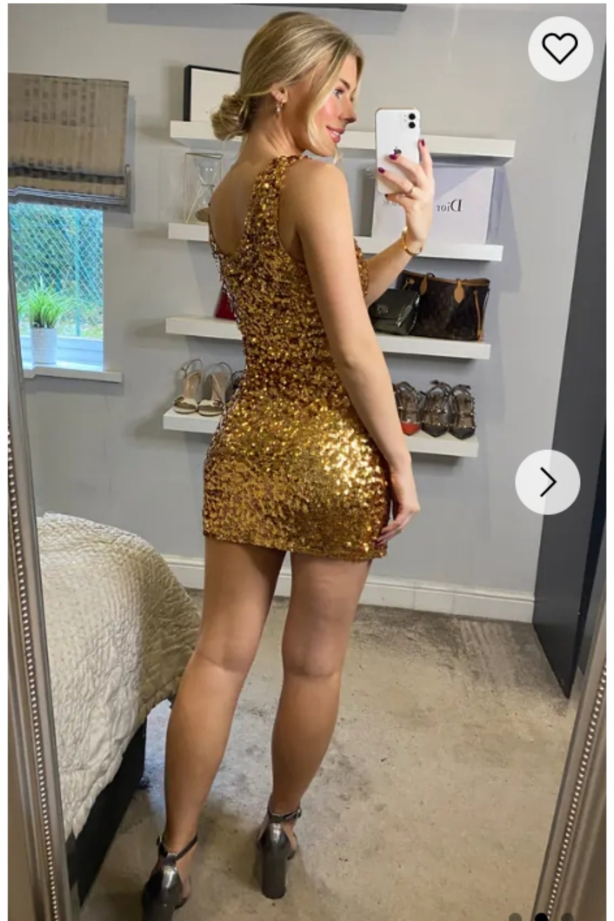 Plain color sequin V neck dress (Gold)