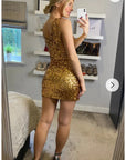Plain color sequin V neck dress (Gold)