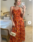 Strappy Sweatheart Maxi Dress In Rose Orange Print