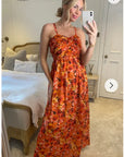 Strappy Sweatheart Maxi Dress In Rose Orange Print