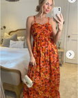 Strappy Sweatheart Maxi Dress In Rose Orange Print