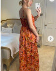 Strappy Sweatheart Maxi Dress In Rose Orange Print