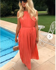 Pleated Full Length Maxi Dress in salmon pink